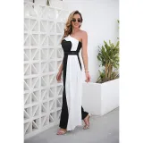 Women One-Shoulder Black White Color Stitching Elegant Jumpsuit