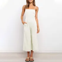 Women Sling Apron Smocked Waist Wide Leg Casual Jumpsuit