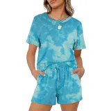 Women Short Sleeve Round-Neck Drawstring Cotton Home Romper