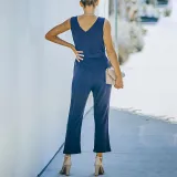 Women Wedgie Sleeveless V-Neck Button Front Belt Casual Jumpsuit