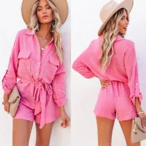 Women Long sleeve Shirt Drawstring Mini Short Casual Jumpsuit
