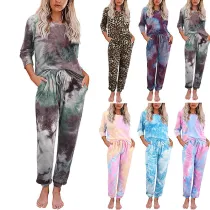 Women Long Sleeve Tie dye Lounge Smocked Waist Jumpsuit