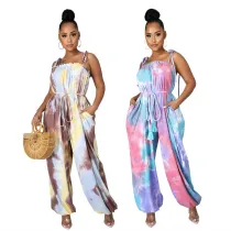 Women Sling Apron Tie Dye Loose Jumpsuit