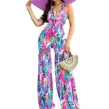 Women Halter Plunging Neckline Floral Printed Wide Leg Jumpsuit