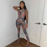 Women Sleeveless Mock-Neck Tank Mixed Print Bodycon Jumpsuit