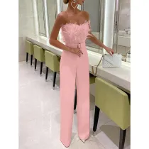 Women Strapless Feather Top Belt Straight Pant Elegant Jumpsuit
