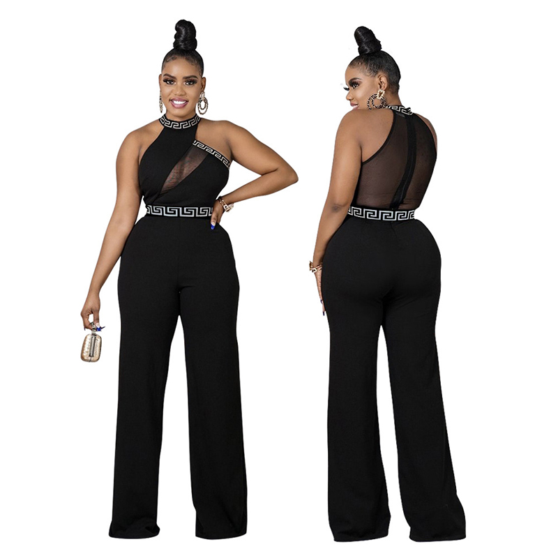 Women Black Halter Sleeveless Mesh Top High Waist Wide Leg Jumpsuit