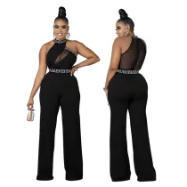 Women Black Halter Sleeveless Mesh Top High Waist Wide Leg Jumpsuit