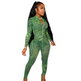 Women Long Sleeve Printed V-Neck Bodycon Jumpsuit