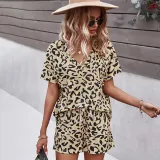 Women Short Sleeve Collared Leopard Print Drawstring Short Jumpsuit