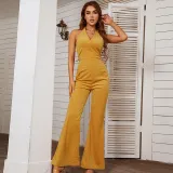 Women Halter Sleeveless Surplice Flares Pants Elegant Formal Yellow Jumpsuit