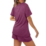 Women Short Sleeve Round-Neck Drawstring Cotton Home Romper
