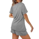 Women Short Sleeve Round-Neck Drawstring Cotton Home Romper