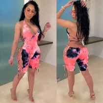 Women Mock-Neck Sleeveless Mesh Lace Up Backless Bodycon Jumpsuit