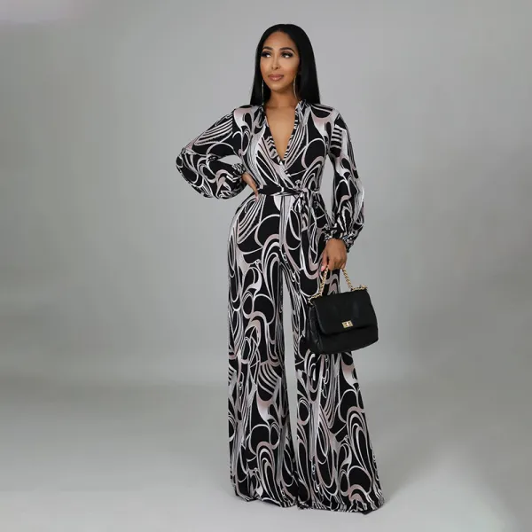 Women Long Sleeve Plunging Neckline Black Loose Wide Leg Jumpsuit