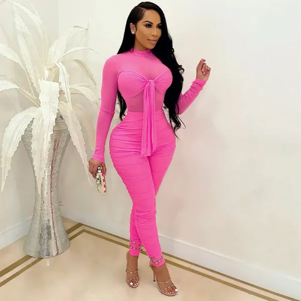 Women Mesh Tops Long Sleeve Mock-Neck Front Neight Out Party Jumpsuit