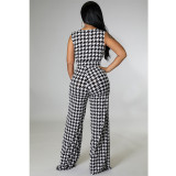 Women Wedgie Sleeveless Houndstooth Plunging Necklin Casual Jumpsuit