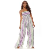 Women Off The Shoulder Strapless Tie Dye Striped Wide Leg Jumpsuit