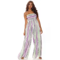 Women Off The Shoulder Strapless Tie Dye Striped Wide Leg Jumpsuit
