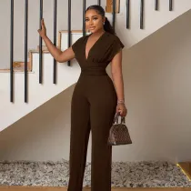 Women Sleeveless V-Neck High Waist Wide Leg Jumpsuit