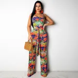 Women Long Sleeve Butterfly Pattern Plunging Neckline See-through Bodycon Jumpsuit