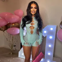 Women Long Sleeve Mesh Hollow Out Short Mini Bodycon Jumpsuit