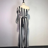Women One-Shoulder Long Sleeve Striped Straight Pants Casual Jumpsuit