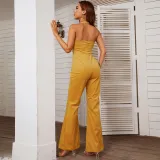Women Halter Sleeveless Surplice Flares Pants Elegant Formal Yellow Jumpsuit