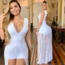 Women Wedgie Sleeveless Plunging Neckline Hign Waist Mesh Mini Jumpsuit