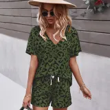 Women Short Sleeve Collared Leopard Print Drawstring Short Jumpsuit