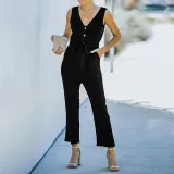 Women Wedgie Sleeveless V-Neck Button Front Belt Casual Jumpsuit