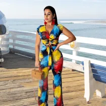 Women Short Sleeve V-Neck Tie Dye Casual Wide Leg Jumpsuit
