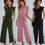 Women Smocked High-Neck Sleeveless Tie Waist Wide Leg Jumpsuit