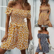 Women Off The Shoulder Daisy Print Smocked Waist Mini Romper Jumpsuit