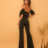Women Off The Shoulder Ruffles Strapless Lacework Flares Jumpsuit