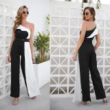 Women One-Shoulder Black White Color Stitching Elegant Jumpsuit