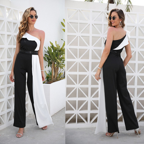Women One-Shoulder Black White Color Stitching Elegant Jumpsuit