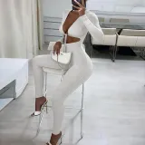 Women Long Sleeve Plunging Neckline Bodycon Jogging Jumpsuit