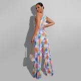 Women Halter Color Stitching Tie Dye High Waist Wide Leg Jumpsuit