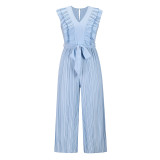 Women Flying Sleeve Lace Collar Smocked Pants Wide Leg Jumpsuit