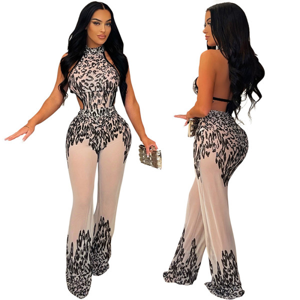 Women Mock-Neck Sleeveless Mesh Perspective Backless Bodycon Jumpsuit