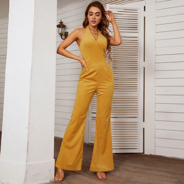 Women Halter Sleeveless Surplice Flares Pants Elegant Formal Yellow Jumpsuit
