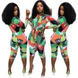 Women Mock-Neck Tie Long Sleeve Green Color Stitching Short Mini Jumpsuit