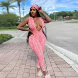 Women Sleeveless Deep V Neck Plunging Neckline Printed Bodycon Jumpsuit