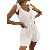Women Bow Tie Sleeveless Smocked Tie Waistion Mini Jumpsuit