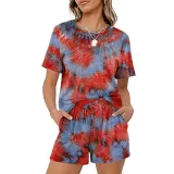 Women Short Sleeve Round-Neck Drawstring Cotton Home Romper