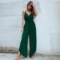 Women Green Sling Sleeveless Plunging Neckline High Waist Slit Leg Jumpsuit