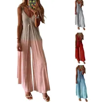 Women Sling Plunging Neckline Tie Dye Culotte Jumpsuit