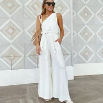 Women Wedgie Sleeveless Surplice Loose Wide Leg Jumpsuit