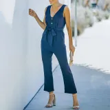 Women Wedgie Sleeveless V-Neck Button Front Belt Casual Jumpsuit